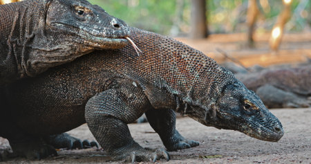 Two Komodo dragons are walking on Rinca Island, one of the three largest islands in Komodo National Park, Indonesia, home to the largest living lizard speciesの写真素材