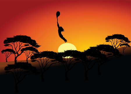 Illustration of  a girl flying to the sky on the view of sunset landscape のイラスト素材