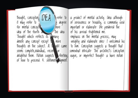 Illustration of notebook writing the definition of idea on it signify with magnifying glassのイラスト素材