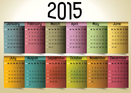 Colorful calendar 2015 in us style, start on sunday, each month with individual table.のイラスト素材