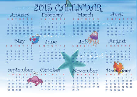 Sea concept calendar in us style, start on sunday, each month with individual table.のイラスト素材