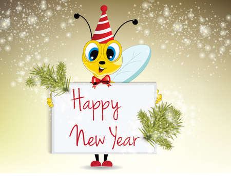 Illustration of cartoon bee holding happy new year cardのイラスト素材