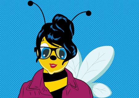 Pop art illustration of woman bee on blue dot backgroundのイラスト素材