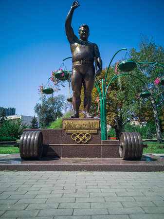 Statue of Weightlifter Leonid Zhabotinsky. Zaporozhye, Ukraine, 24 August 2018.のeditorial素材