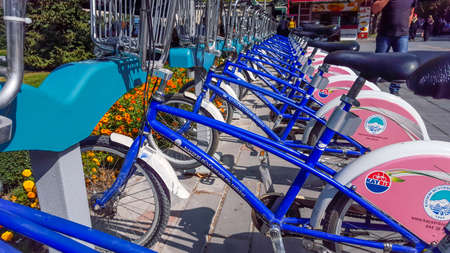 Bunch of parked bikes or bicycles. Kayseri, Turkey, 27 September 2015.のeditorial素材