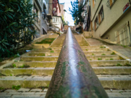Old metallic handrail close-up photo. Istanbul Turkey. November 04, 2018.の写真素材
