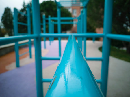 Blue metallic handrail close-up photo. Istanbul Turkey. December 16, 2018.