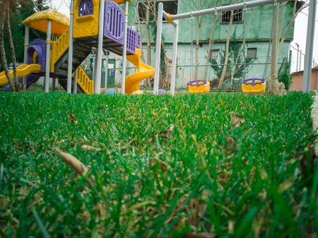 Green grass close up image with background playground for children in a park of green trees....