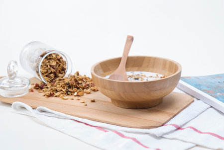 Granola served with milkの写真素材