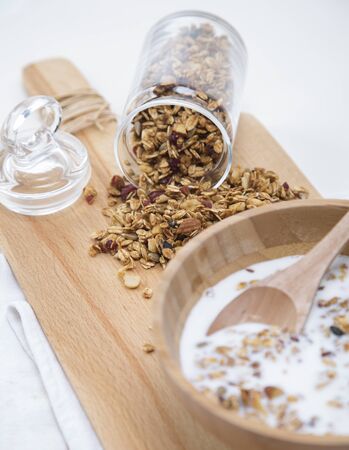 Granola served with milkの写真素材
