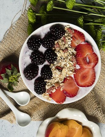 Granola served with milkの写真素材