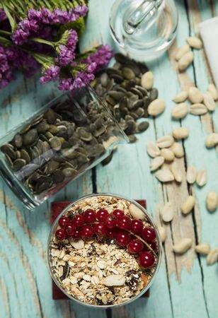 Granola served with yogurtの写真素材
