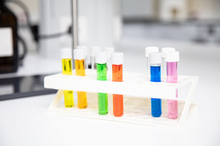 science laboratory test tubes, chemical laboratory equipment. Research and develop cosmetics in laboratory.の写真素材