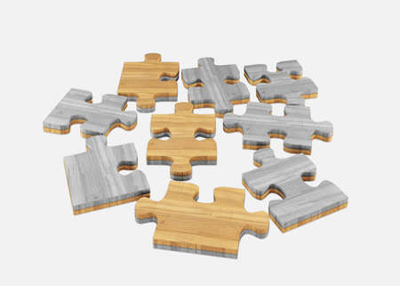Wood  jigsaw isolated on whiteの写真素材