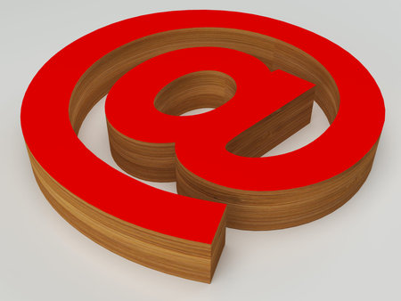 3d red and wood  @ email at sign  isolated on white