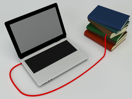 Stack of Multicolor Books and laptop on White Backgroundの写真素材