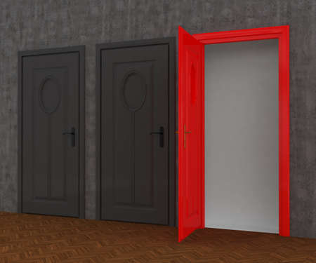 Gray door closed and Red door  openedの写真素材