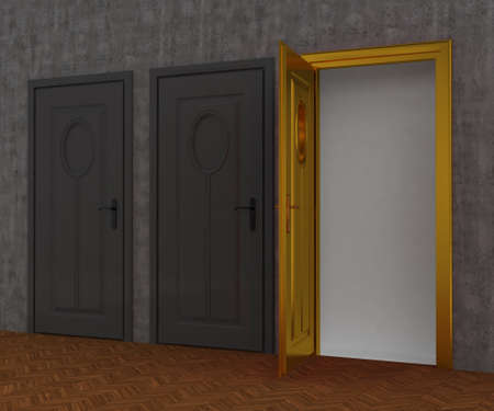 Gray door closed and gold door  openedの写真素材