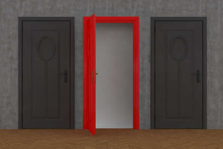 Gray door closed and Red door  openedの写真素材