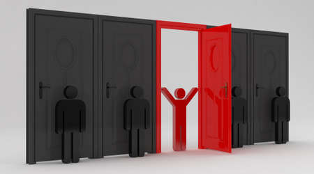 people and Red door  openedの写真素材