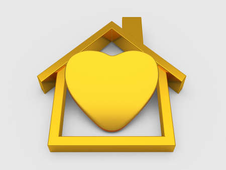 Gold House symbol and heart on white の写真素材