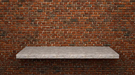 Blank space shelf waiting to be filled on a brick wallの写真素材