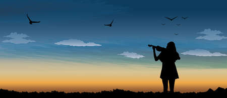 Silhouette of the girl play violin on a background of the evening dayのイラスト素材