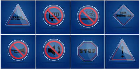 Glass warning sign ,no smoking sign,under construction sign,silence sign,stop sign on blue backgroundのイラスト素材