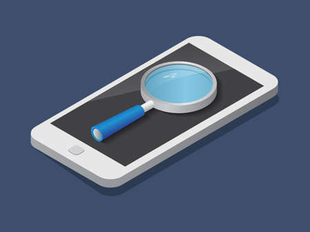 Flat 3d isometric phone and magnifier trendy style business, illustrationのイラスト素材