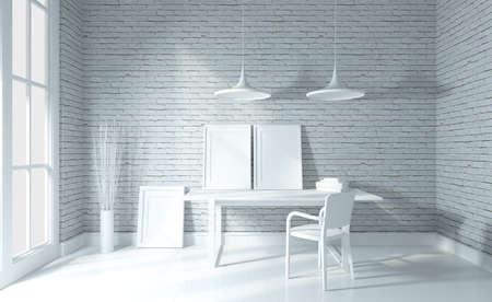 Modern white brick workspace template mock up background 3D renderの写真素材