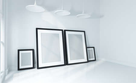 Mock up poster on white wall and white floor room modern interior 3d renderedの写真素材