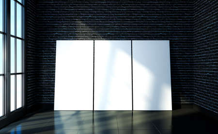 Mock up poster on black brick and black floor room modern interiorの写真素材