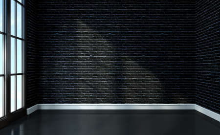 Empty Room Interior Black Brick Wall And Black Floor. 3d Renderの写真素材