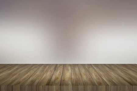 Wooden table in front of abstract blurred lights backgroundの写真素材