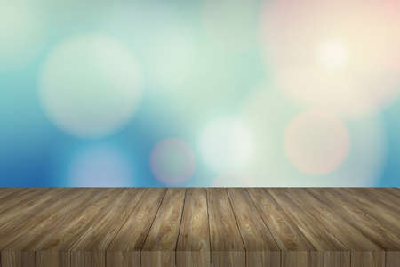 Wooden table in front of abstract blurred lights background,bokeh lights background.の写真素材