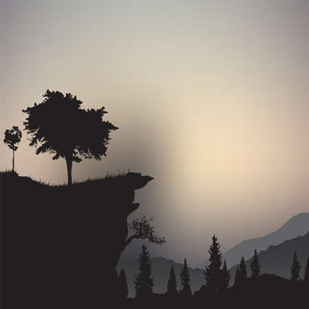 Landscape with tree and mountains abstract backgroundのイラスト素材