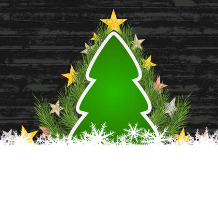 Merry christmas tree snow and star on old wood backgroundのイラスト素材