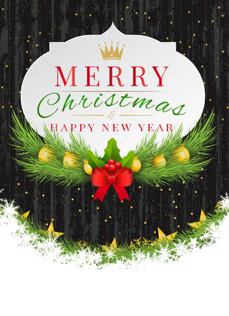 Merry christmas and Happy New Year Celebration shiny elements on old wood backgroundのイラスト素材