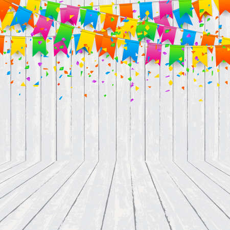Room with colorful confetti on wood texture wall background. Vector illustrationのイラスト素材