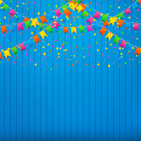 Colorful confetti and glossy balloons on blue wall background.のイラスト素材