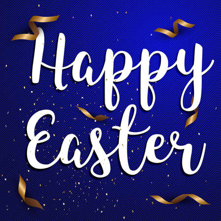 Easter eggs text with confetti gold and dark blue colors free space place for text.のイラスト素材