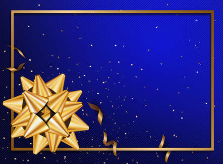 Abstract background with golden gift bow and confetti gold on dark blue colors free space place for text.のイラスト素材