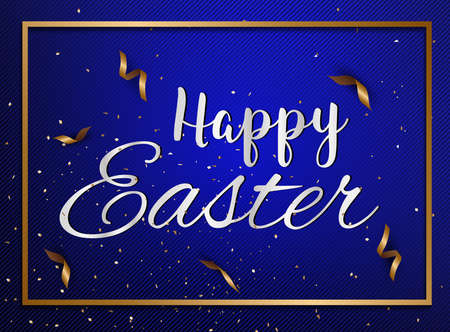 Easter eggs text with confetti gold and dark blue colors free space place for text.のイラスト素材