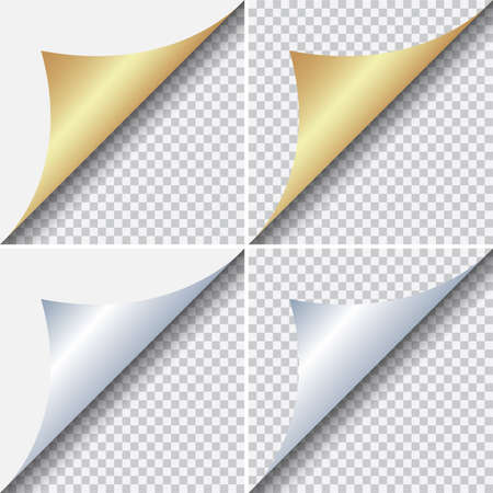 Vector set of curled glossy page corners isolated on transparent background.Vector illustration for your design and businessのイラスト素材