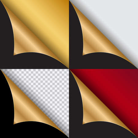 Vector set of curled gold page corners isolated on background.Vector illustration for your design and businessのイラスト素材