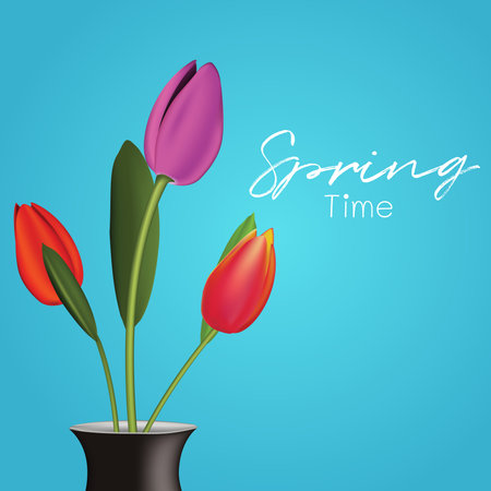 Spring blue background with beautiful tulip flower. Vector illustrationのイラスト素材