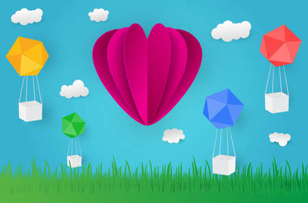 Paper art design style,ballon cloud grass with nature, ecology idea.vector illustrationのイラスト素材