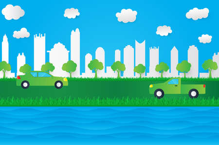 Green eco paper art design style, tree and city car with cloud water nature ecology idea.vector illustrationのイラスト素材