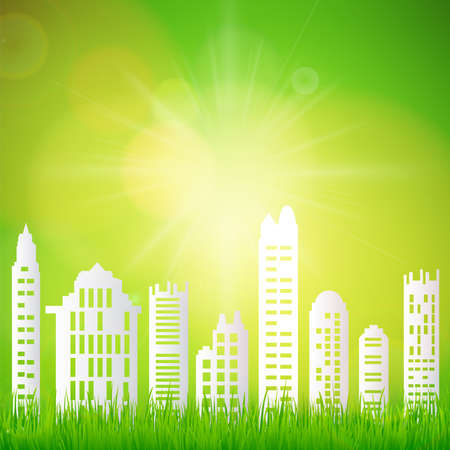 Paper art design style,house with grass, sun, nature ecology idea.vector illustrationのイラスト素材