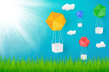 Vector natural blue background with paper box balloon and sun , grass. vector illustrationのイラスト素材